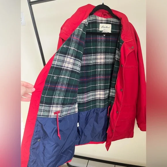 Vintage Eddie Bauer Red Parka with Green Wool Lined Plaid - Picture 3 of 4